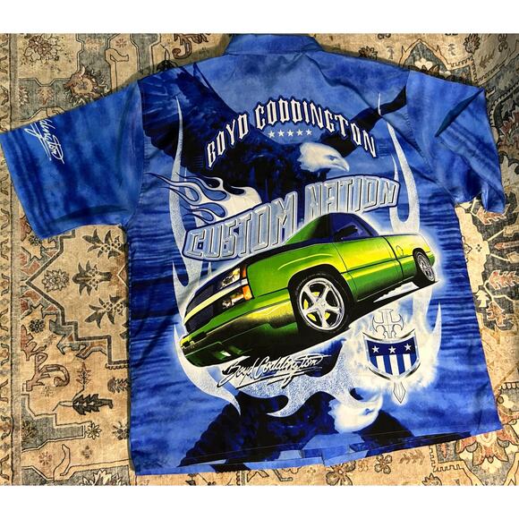 Boyd Coddington y2k All Over Print Hot Rod Car T-shirt Button up Shirt Size XL - Picture 4 of 10